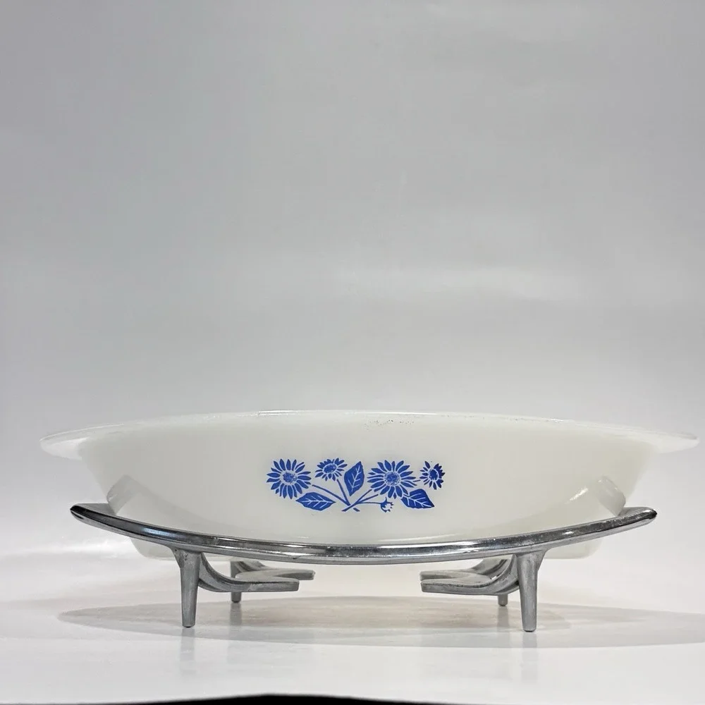 Vintage Glasbake Milk Glass Dish‎ w Blue Flower & Corning Ware Silver Stand